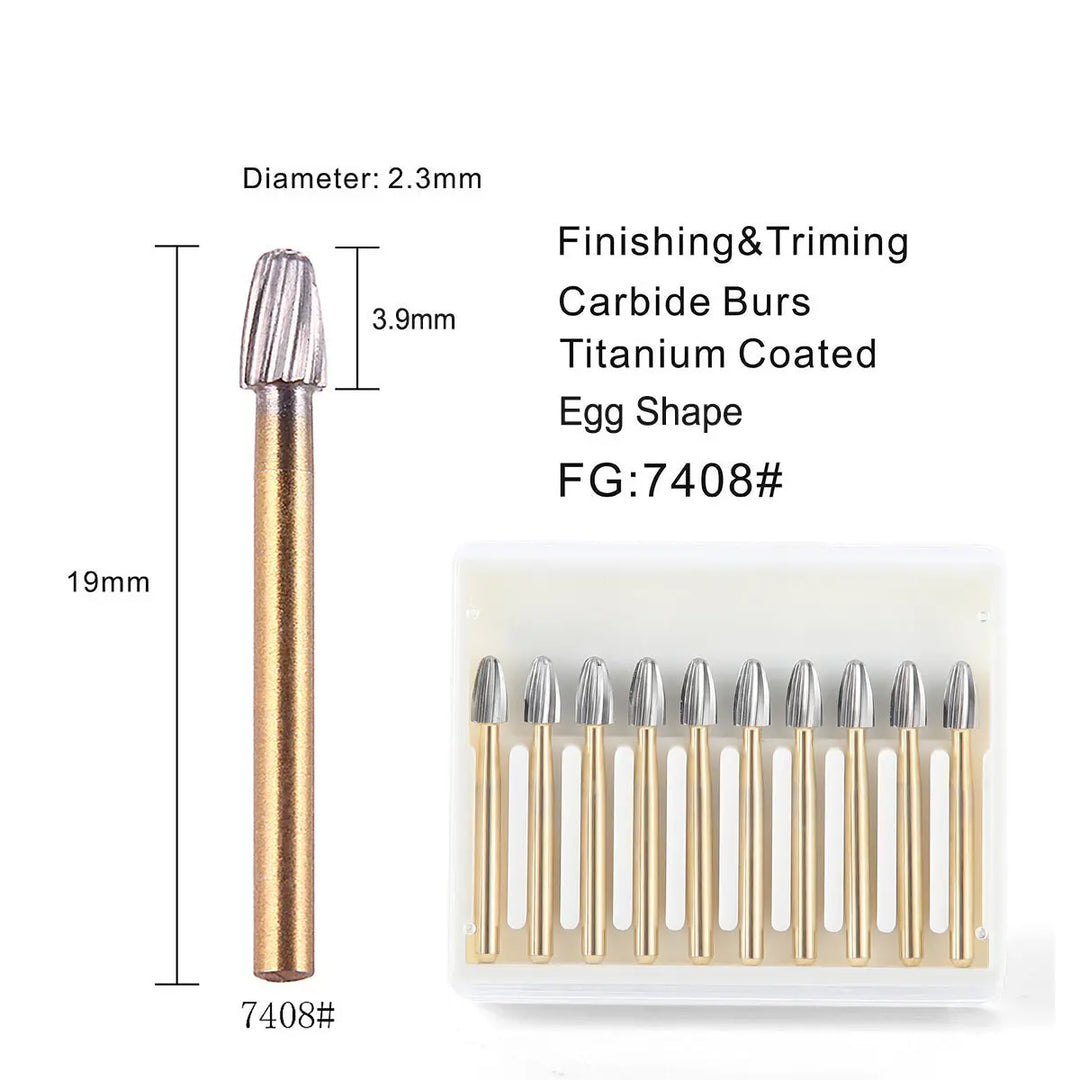 Dental Carbide Burs FG 7408 Egg Shaped Trimming & Finishing 10pcs/Box: Titanium-coated egg-shaped carbide burs with 2.3mm diameter head, 3.9mm length, and 19mm total length. Image shows single bur detail and box of 10 burs for dental finishing and trimming.