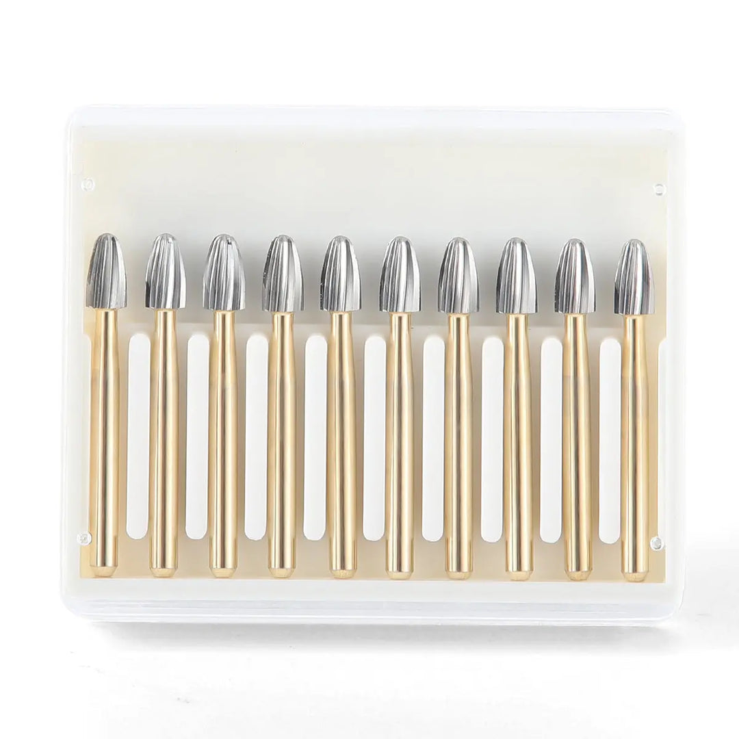 Dental Carbide Burs FG 7408 Egg Shaped Trimming & Finishing 10pcs/Box - Set of 10 gold-colored dental burs with silver egg-shaped tips, arranged neatly in a clear plastic case, designed for high-speed dental handpieces and precision trimming and finishing work