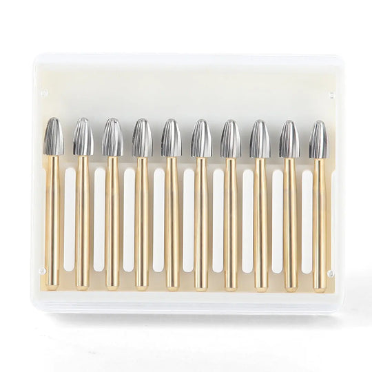 Dental Carbide Burs FG 7408 Egg Shaped Trimming & Finishing 10pcs/Box - Set of 10 gold-colored dental burs with silver egg-shaped tips, arranged neatly in a clear plastic case, designed for high-speed dental handpieces and precision trimming and finishing work