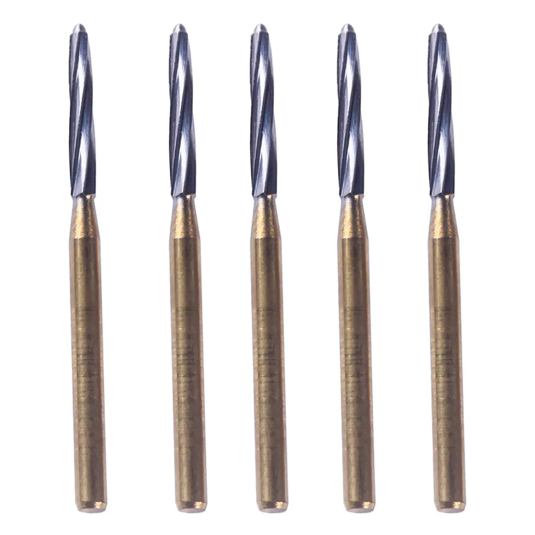 Dental FG Tungsten Carbide Burs 25mm 6pcs/Box: Five long, tapered dental burs with gold-colored shafts and silver spiral cutting tips, arranged vertically. These precision instruments are designed for creating funnel shapes in pulp chambers during dental procedures.