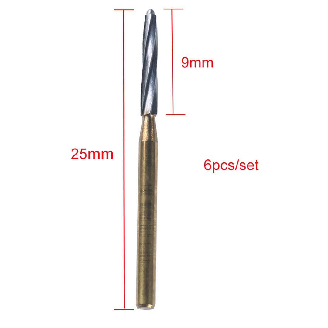 Dental FG Tungsten Carbide Burs 25mm 6pcs/Box: Close-up image of a single tapered dental bur with 9mm cutting surface and 25mm total length, showcasing its long, slender design for precise dental work. Part of a 6-piece set for dentists.