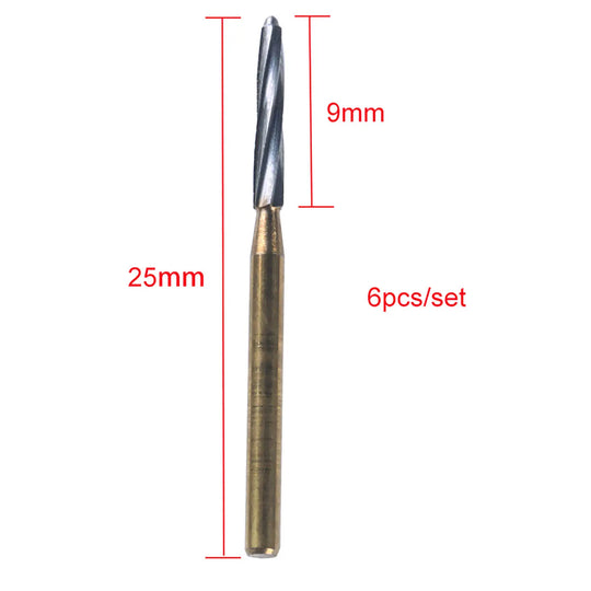 Dental FG Tungsten Carbide Burs 25mm 6pcs/Box: Close-up image of a single tapered dental bur with 9mm cutting surface and 25mm total length, showcasing its long, slender design for precise dental work. Part of a 6-piece set for dentists.