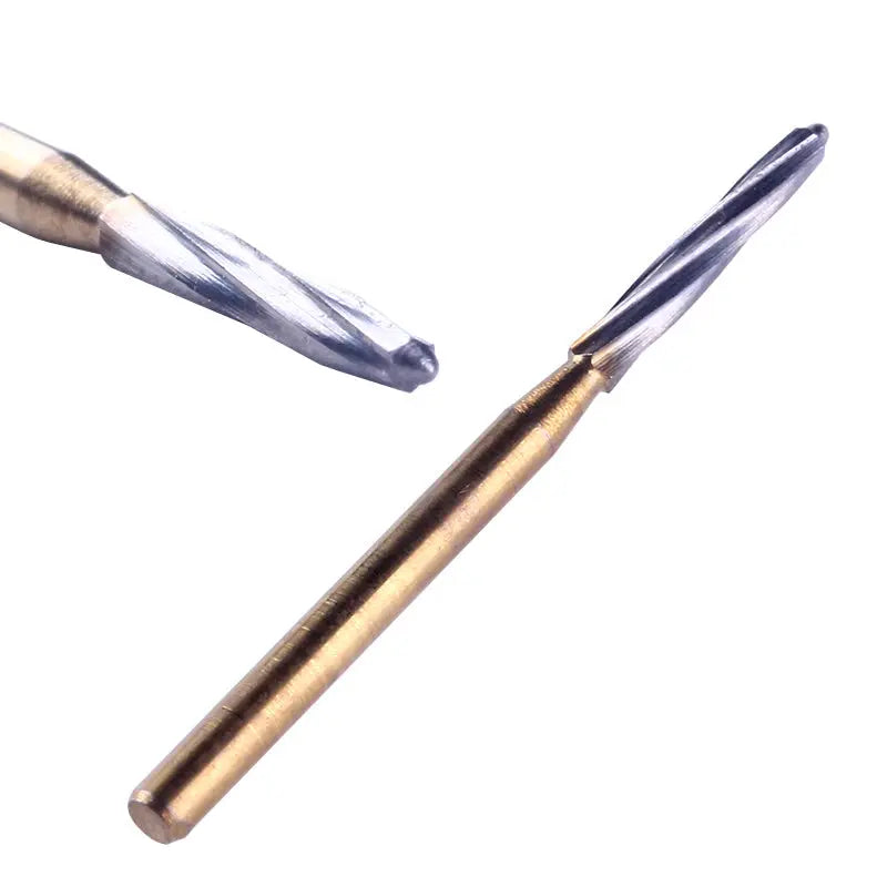 Dental FG Tungsten Carbide Burs 25mm 6pcs/Box: Close-up of two long, tapered dental burs with gold-colored shafts and silver cutting tips. One bur is shown in full, while only the tip of the second is visible, highlighting the safe-ended, non-cutting design for dental procedures.