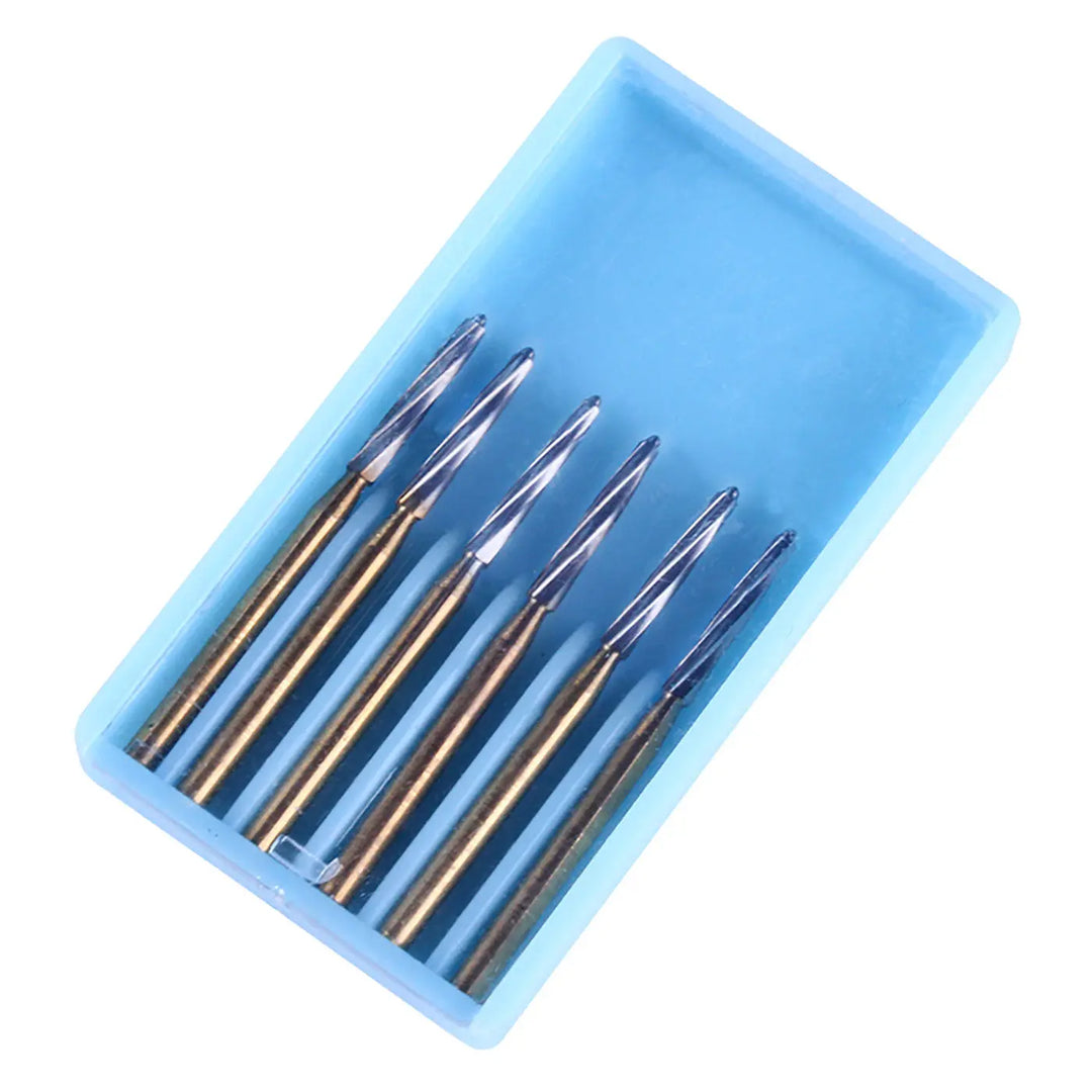 Dental FG Tungsten Carbide Burs 25mm 6pcs/Box displayed in a blue plastic case. Six long, tapered burs with gold-colored shafts and silver cutting ends arranged neatly in a row. Ideal for creating funnel shapes in pulp chambers with safe-ended, non-cutting tips.