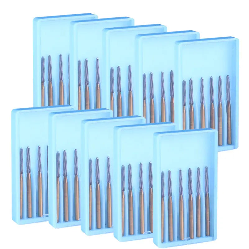 Dental FG Tungsten Carbide Burs 25mm 6pcs/Box displayed in multiple light blue plastic cases, each containing six long, tapered dental burs with metallic cutting ends and golden shafts, arranged neatly in rows for professional dental procedures