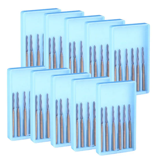 Dental FG Tungsten Carbide Burs 25mm 6pcs/Box displayed in multiple light blue plastic cases, each containing six long, tapered dental burs with metallic cutting ends and golden shafts, arranged neatly in rows for professional dental procedures