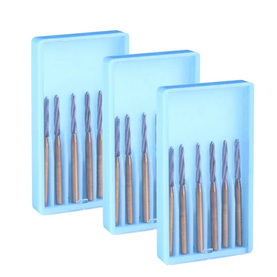 Dental FG Tungsten Carbide Burs 25mm 6pcs/Box displayed in three light blue plastic containers, each holding multiple long, slender dental burs with metallic blue tips and copper-colored shafts, arranged neatly in rows for professional dental procedures