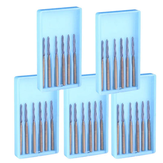 Dental FG Tungsten Carbide Burs 25mm 6pcs/Box: Five blue plastic cases each containing six long, tapered dental burs with metallic shafts and cutting tips, arranged neatly in rows for professional dental procedures