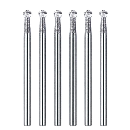 Dental FG #6 SL Surgical Length Round 25mm Carbide Burs, 6pcs/Box. Six silver metal dental burs with long shafts and round cutting heads. High-speed handpiece tools for smooth, powerful cutting in dental procedures. Durable tungsten carbide material for extended use.