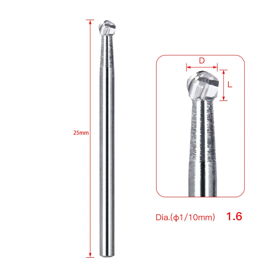 Dental FG #6 SL Surgical Length Round 25mm Carbide Burs, 6pcs/Box. Close-up image showing a single 25mm long carbide bur with 1.6mm diameter round tip. Detailed view of the bur head and shaft, with measurements indicated for length and diameter.