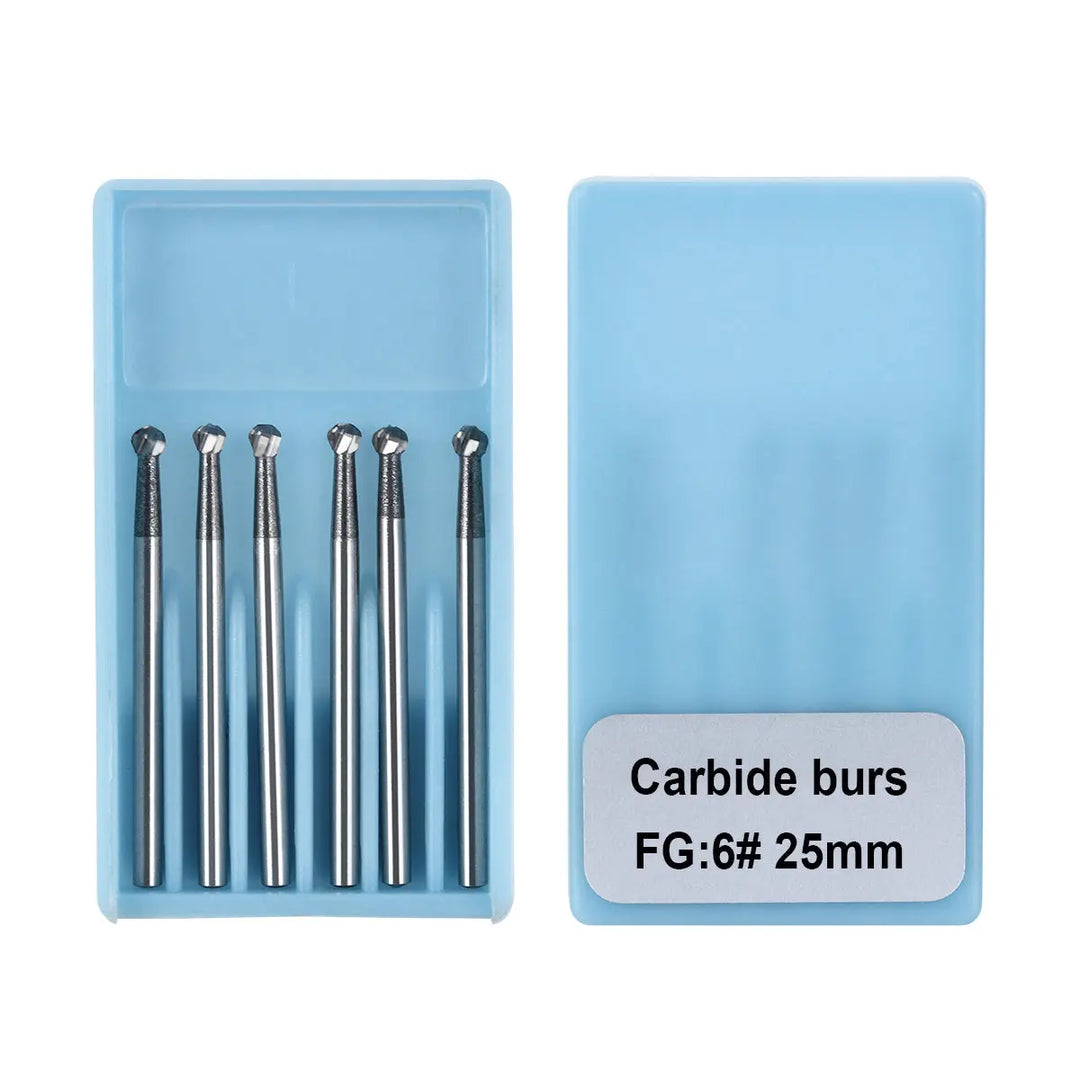 Dental FG #6 SL Surgical Length Round 25mm Carbide Burs 6pcs/Box in light blue plastic case. Six silver metallic burs with round tips visible, arranged neatly in one compartment. Case labeled "Carbide burs FG:6# 25mm" for dental procedures.