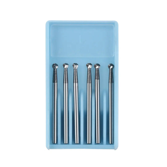 Dental FG #6 SL Surgical Length Round 25mm Carbide Burs, 6 pieces in a light blue plastic box. Silver-colored burs with round tips lined up neatly, showcasing their 25mm length and smooth cutting edges for high-speed dental handpieces.