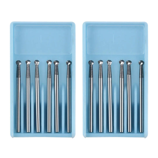 Dental FG #6 SL Surgical Length Round 25mm Carbide Burs 6pcs/Box in two blue plastic cases, each containing six long, slender metal dental burs with round tips for high-speed handpieces, showcasing their precision and quality for dental procedures.