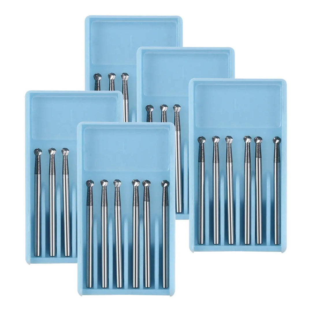 Dental FG #6 SL Surgical Length Round 25mm Carbide Burs 6pcs/Box displayed in five light blue plastic cases, each containing multiple silver dental burs of varying lengths and sizes, arranged neatly for professional dental use.