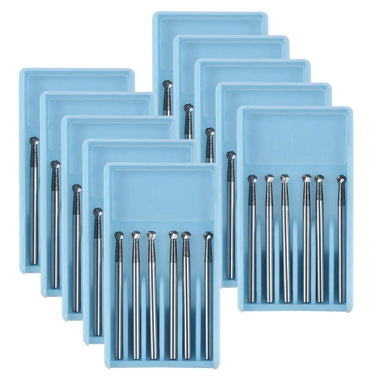 Dental FG #6 SL Surgical Length Round 25mm Carbide Burs in blue plastic trays, displaying multiple sets of 6 long, slender dental tools with round tips for high-speed handpieces, showcasing the product's professional-grade quality and packaging.