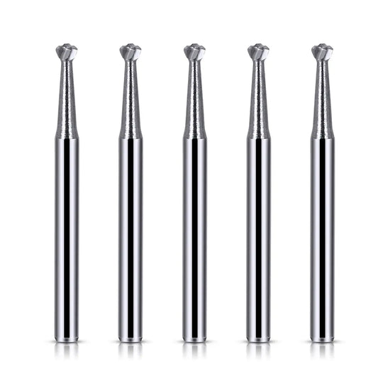 Dental FG #4 Round Carbide Bur 10pcs/Box: Five shiny silver dental carbide burs with round tips, standing upright in a row. Precision dental tools for high-speed handpieces, showcasing durability and cutting power.