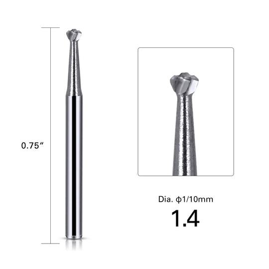 Dental FG #4 Round Carbide Bur 10pcs/Box: Close-up of silver tungsten carbide dental bur with round head, measuring 0.75 inches long and 1.4mm in diameter. Smooth, precision-engineered tool for high-speed dental handpieces, showcasing durable construction and powerful cutting performance.