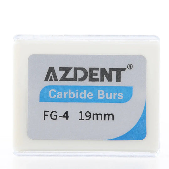 Dental FG #4 Round Carbide Bur 10pcs/Box: AZDENT brand carbide burs package with FG-4 19mm size label, for high-speed dental handpieces. Durable tungsten carbide material for smooth cutting and excellent performance in dental procedures.