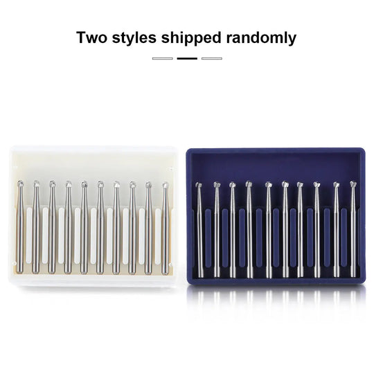 Dental FG #4 Round Carbide Bur 10pcs/Box displayed in two packaging styles: white and blue trays, each containing ten silver dental burs arranged in a row, showcasing the product's appearance and quantity for high-speed dental handpieces.