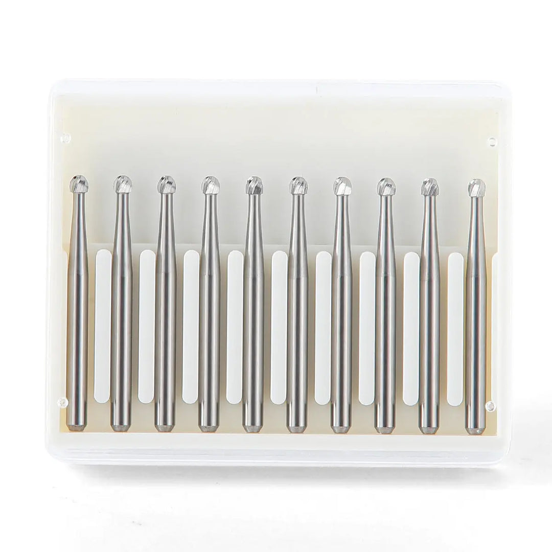 Dental FG #4 Round Carbide Bur 10pcs/Box: Set of 10 silver tungsten carbide dental burs neatly arranged in a clear plastic case. Each bur features a round head for precise cutting and is designed for high-speed dental handpieces, offering durability and smooth performance.