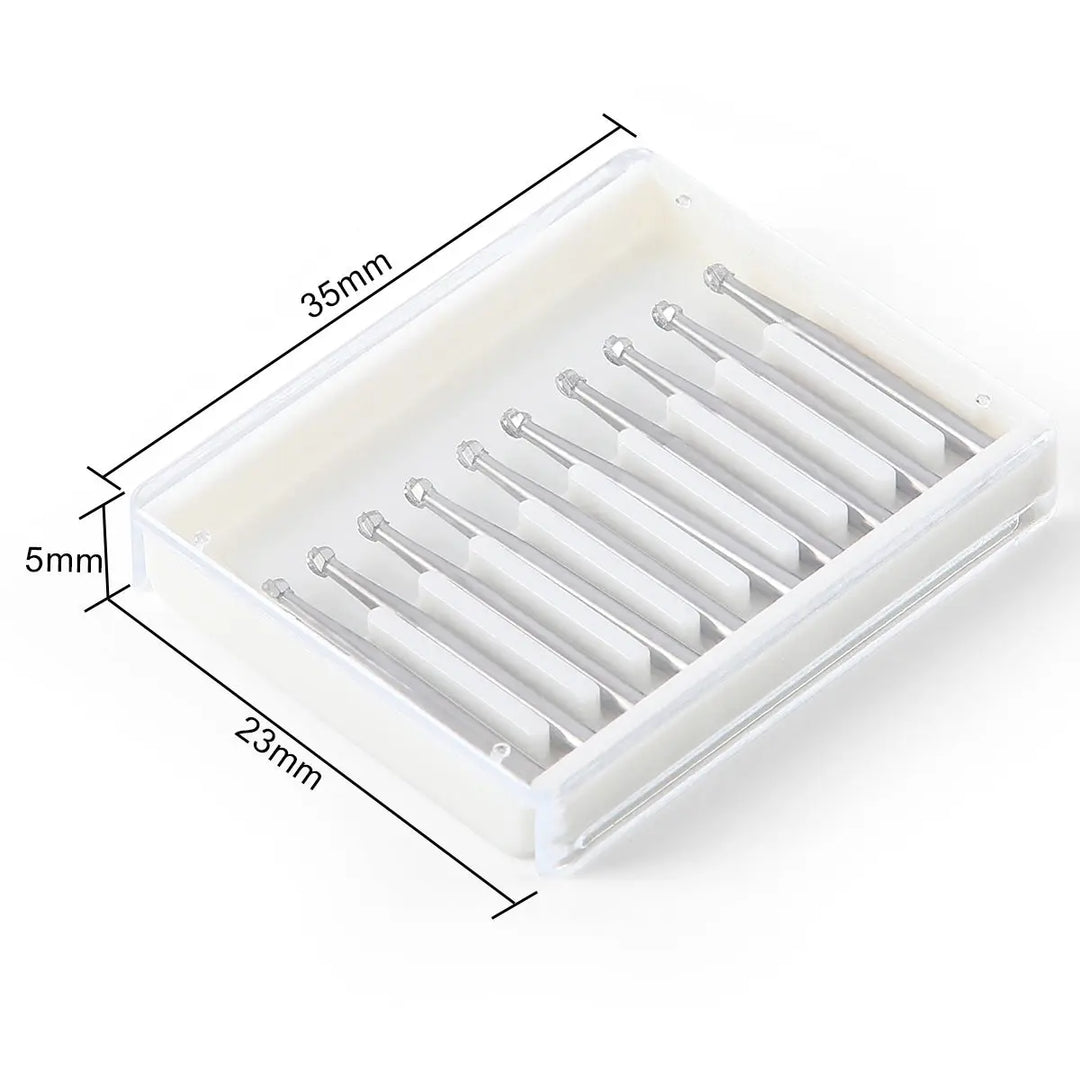 Dental FG #4 Round Carbide Bur 10pcs/Box in clear plastic case, showing 10 silver dental burs arranged neatly in a row. Case dimensions displayed: 35mm x 29mm x 5mm.