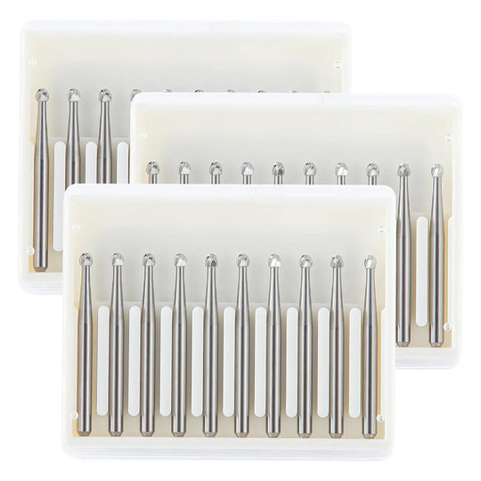 Dental FG #4 Round Carbide Bur 10pcs/Box displayed in three clear plastic containers, showcasing multiple silver dental burs with round tips arranged neatly in rows, highlighting their precision and quality for dental procedures