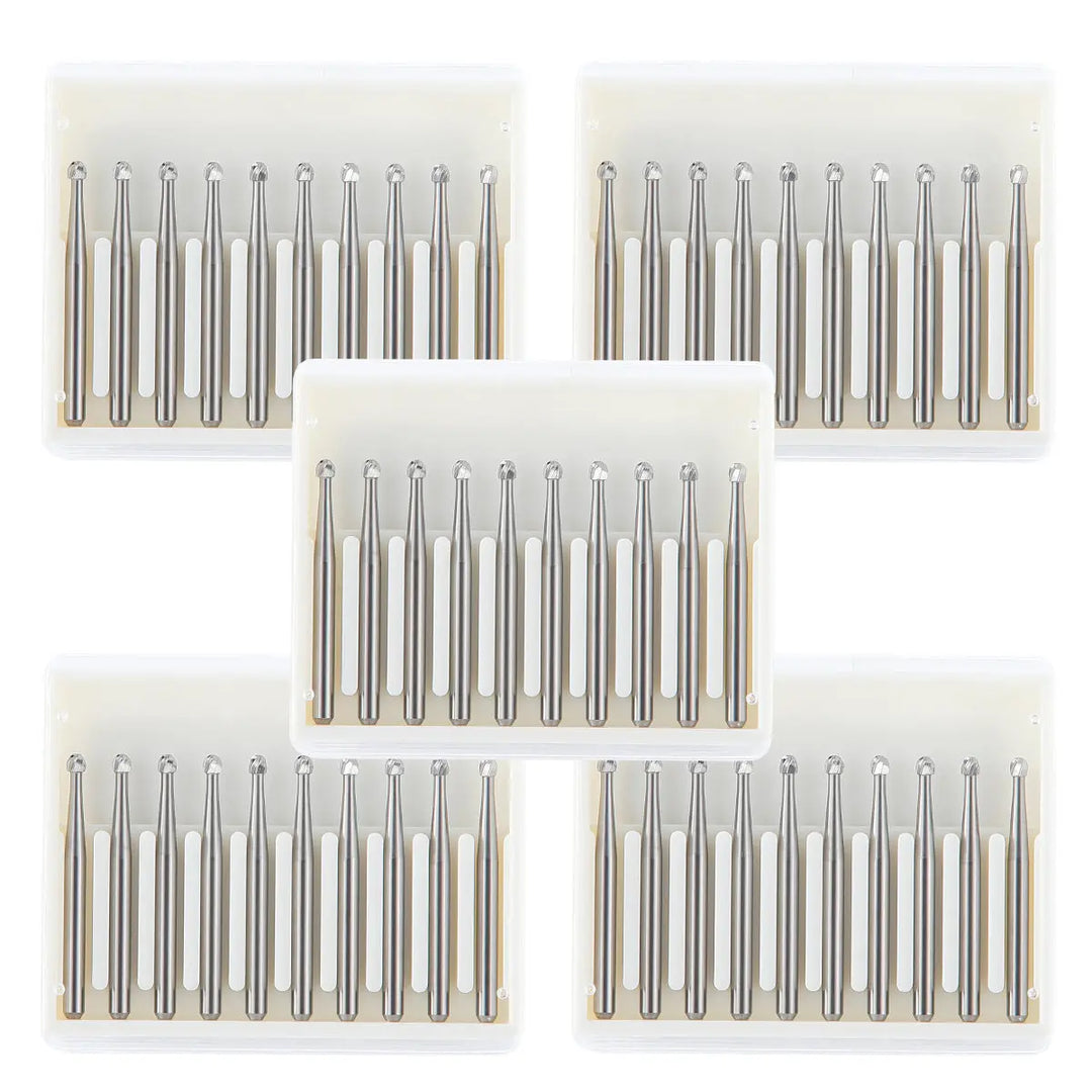 Dental FG #4 Round Carbide Bur 10pcs/Box: Five clear plastic boxes each containing ten silver-colored dental burs with round tips. The burs are arranged neatly in rows, showcasing their precision-engineered design for dental procedures.