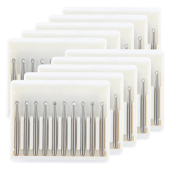 Dental FG #4 Round Carbide Bur 10pcs/Box - Multiple packaging trays containing silver dental burs arranged neatly in rows, showcasing the product's quantity and organization for dental professionals