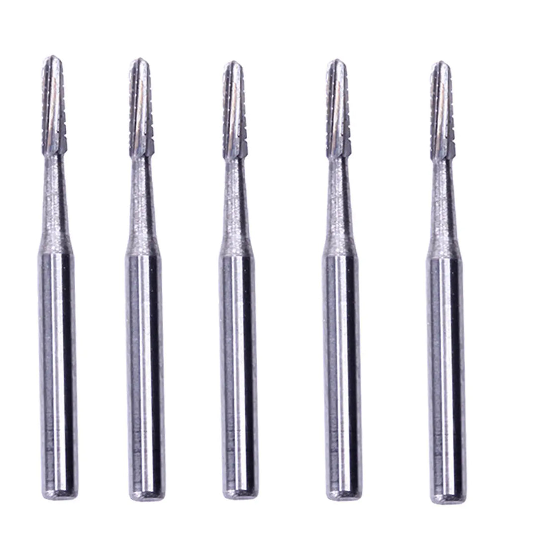 Dental Carbide Bur FG #1557 Straight Round End Crosscut Fissure 10pcs/Box - Close-up of five silver tungsten carbide dental burs with straight shafts and round end crosscut fissure tips, arranged vertically side by side on a white background