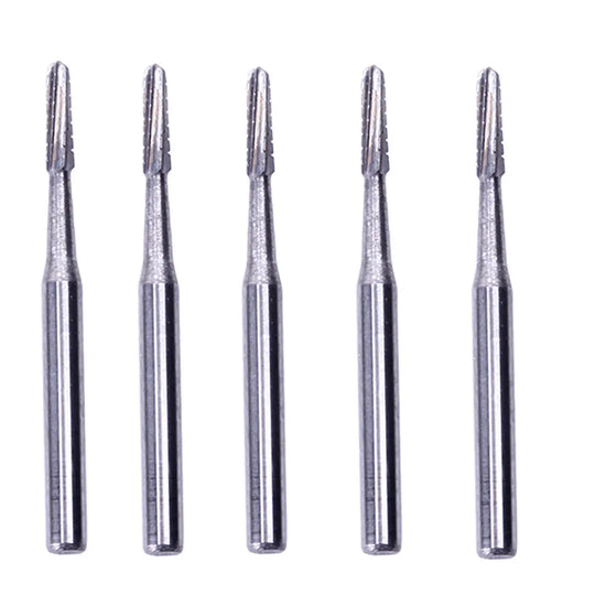 Dental Carbide Bur FG #1557 Straight Round End Crosscut Fissure 10pcs/Box - Close-up of five silver tungsten carbide dental burs with straight shafts and round end crosscut fissure tips, arranged vertically side by side on a white background