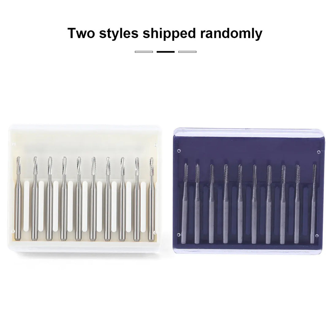 Dental Carbide Bur FG #1557 Straight Round End Crosscut Fissure 10pcs/Box displayed in two packaging styles - a white case and a blue case, each containing 10 silver dental burs arranged in a row, showcasing the product's two shipping options.