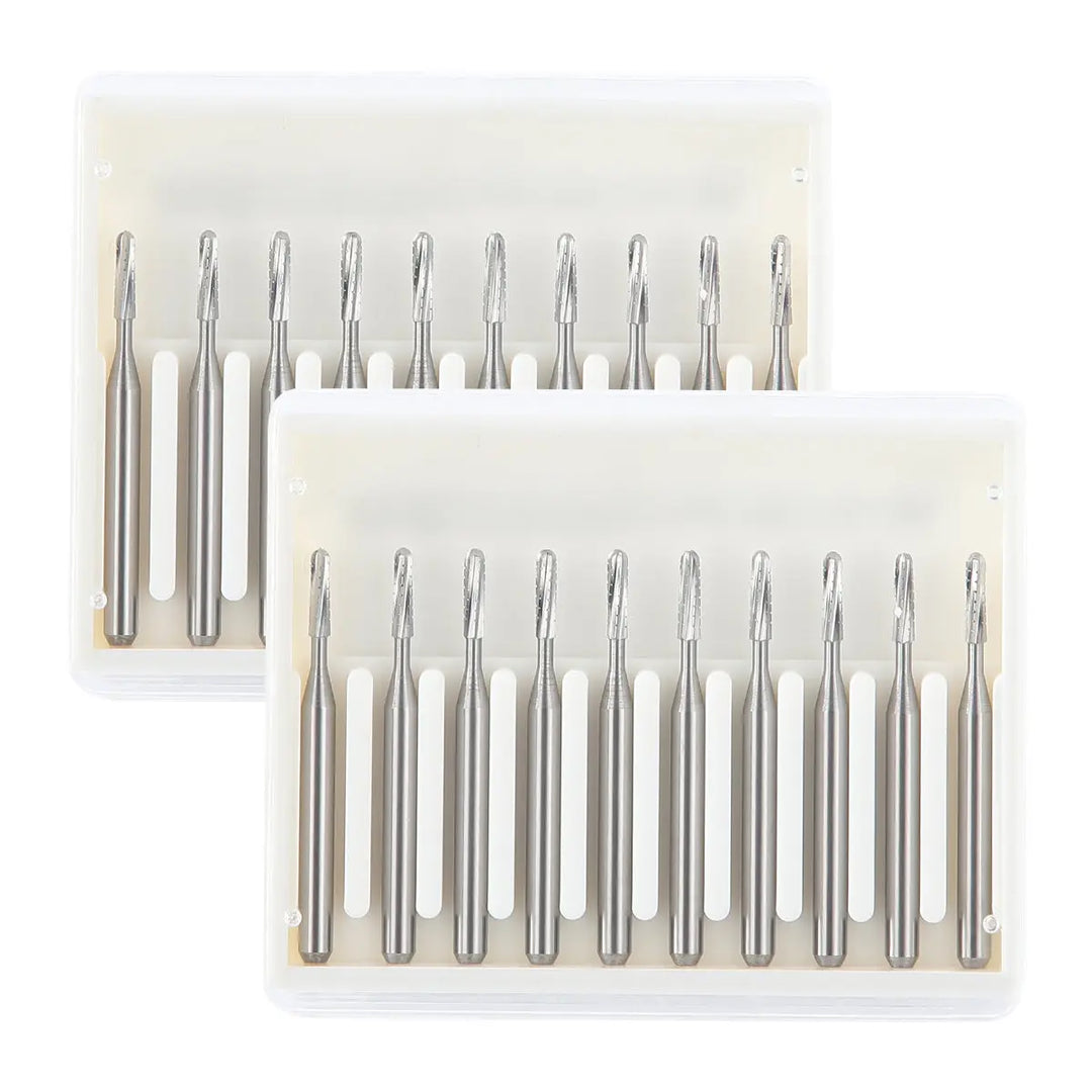 Dental Carbide Bur FG #1557 Straight Round End Crosscut Fissure 10pcs/Box: Two clear plastic boxes containing ten silver tungsten carbide dental burs each, arranged neatly in rows. The burs have slender shafts and rounded cutting ends, designed for high-speed dental handpieces.