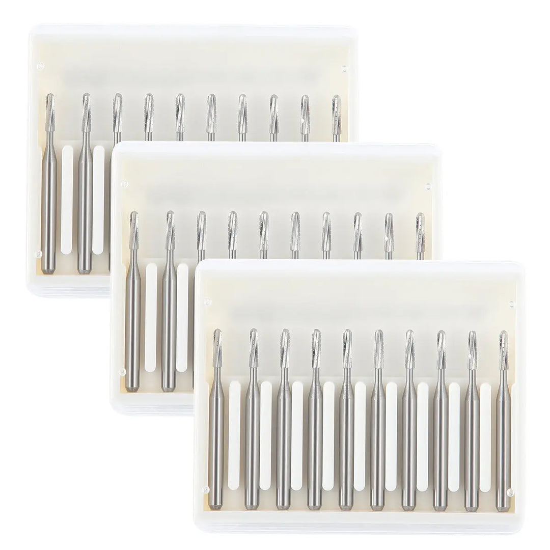 Dental Carbide Bur FG #1557 Straight Round End Crosscut Fissure 10pcs/Box displayed in three transparent plastic cases, each containing 10 silver-colored dental burs with straight, cylindrical shafts and rounded ends, designed for high-speed dental handpieces.