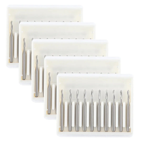 Dental Carbide Bur FG #1557 Straight Round End Crosscut Fissure 10pcs/Box. Five rows of silver tungsten steel dental burs with straight round ends, displayed in white packaging. Each row contains 10 identical burs, showcasing the product's quantity and uniformity.