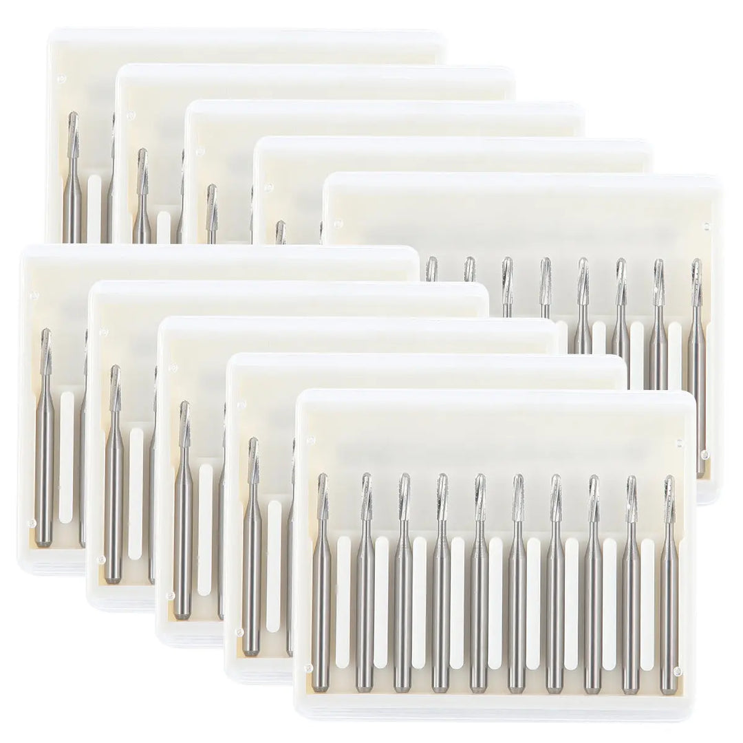 Dental Carbide Bur FG #1557 Straight Round End Crosscut Fissure 10pcs/Box displayed in multiple clear plastic containers, each holding eight silver-colored dental burs with thin, elongated shafts and small cutting heads, arranged neatly in rows for dental procedures.