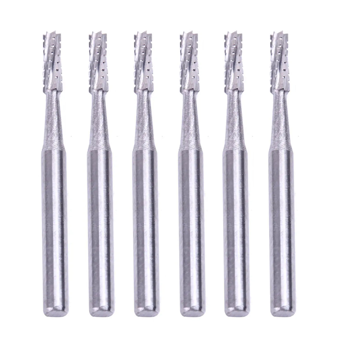 Dental Carbide Bur FG #558 Straight Fissure Crosscut 10pcs/Box: Six silver tungsten carbide dental burs with straight fissure crosscut tips, designed for high-speed handpieces. Durable and precise cutting tools for dental procedures.