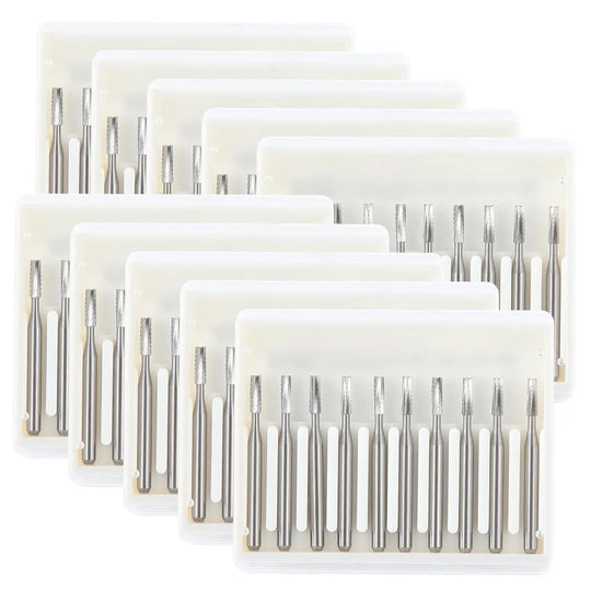 Dental Carbide Bur FG #558 Straight Fissure Crosscut 10pcs/Box displayed in multiple clear plastic cases, each containing several silver-colored dental burs with straight fissure design, arranged neatly in rows, showcasing the product's precision and quantity for dental professionals.