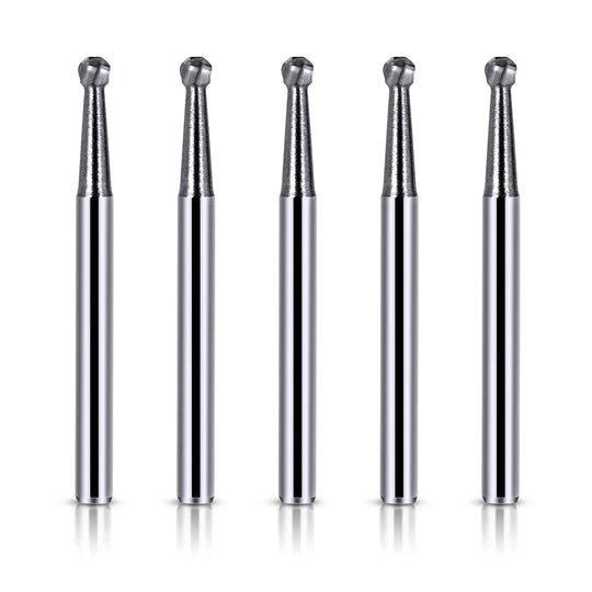 Dental FG #5 Round Carbide Bur 10pcs/Box: Five silver metallic dental burs with round tungsten carbide tips, arranged vertically against a white background, showcasing their durable construction and smooth cutting design for high-speed dental handpieces.