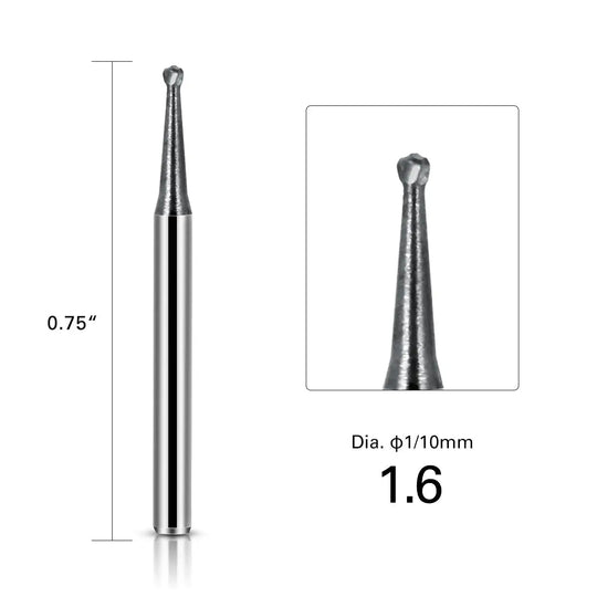 Dental FG #5 Round Carbide Bur 10pcs/Box: Close-up of a single dental bur with silver shaft and round tip, measuring 0.75 inches long and 1.6mm in diameter. Inset image shows detailed view of the round cutting head.