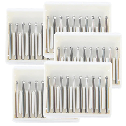 Dental FG #5 Round Carbide Bur 10pcs/Box: Multiple sets of high-speed dental handpiece burs in transparent plastic containers. Shiny metal burs with round tips arranged neatly in rows, showcasing durability and precision for dental procedures.