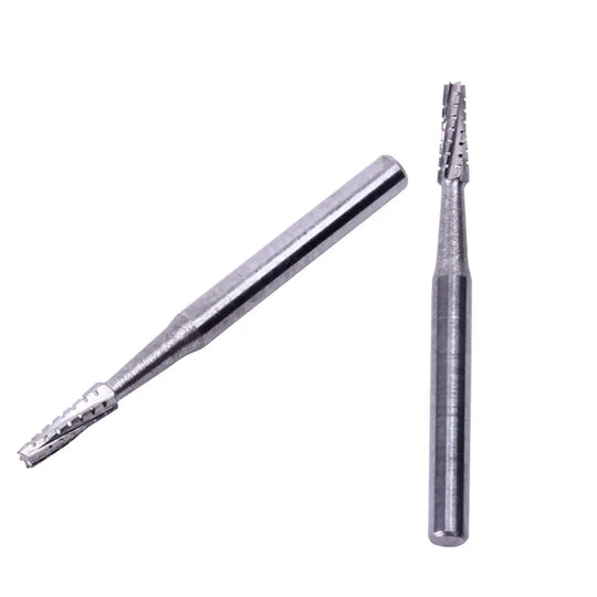 Dental Carbide Bur FG #701 Flat End Taper Fissure Crosscut 10pcs/Box: Two silver tungsten steel dental burs with tapered shafts and flat ends, featuring crosscut fissure design for precise cutting in dental procedures, displayed on white background