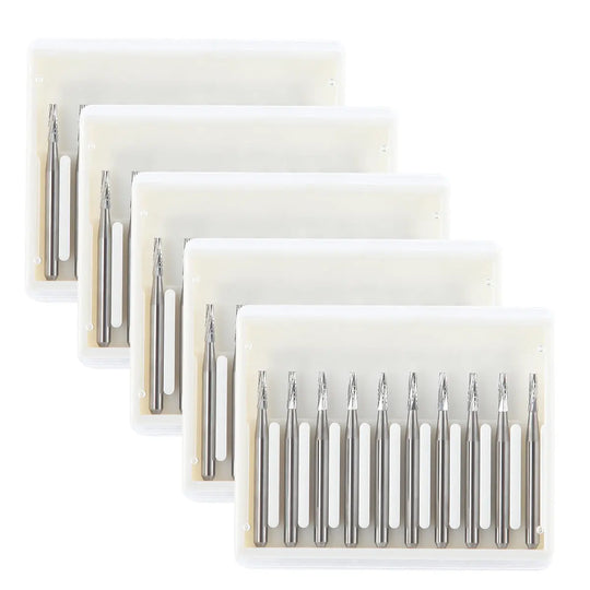 Dental Carbide Bur FG #701 Flat End Taper Fissure Crosscut 10pcs/Box: Set of silver metallic dental burs with flat end taper fissure design, displayed in five clear plastic cases, showcasing precision tools for high-speed dental handpieces