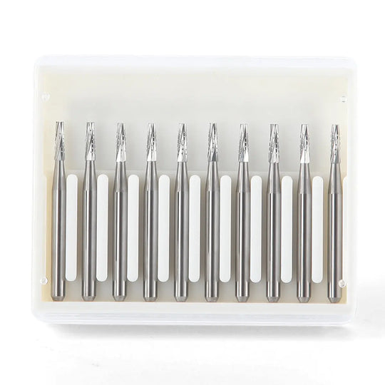 Dental Carbide Bur FG #701 Flat End Taper Fissure Crosscut 10pcs/Box. Set of 10 silver tungsten steel dental burs with flat end taper fissure design, arranged neatly in a clear plastic container. High-speed handpiece compatible, 19mm length, 1.2mm head diameter.