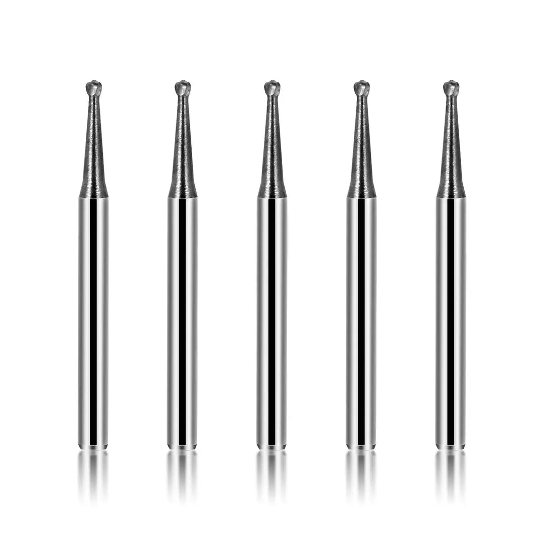 Dental FG #1 Round Carbide Bur 10pcs/Box: Five slender, silver-colored dental burs with round tips arranged in a row. Each bur has a long, cylindrical shaft and a small, spherical cutting end, designed for precision dental work and high-speed handpieces.