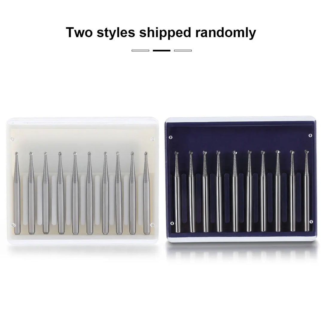 Dental FG #1 Round Carbide Bur 10pcs/Box: Two styles of dental bur sets displayed side-by-side. Left set in clear plastic case, right set in navy blue case. Each set contains 10 identical slender metal burs with rounded tips, neatly arranged in rows.