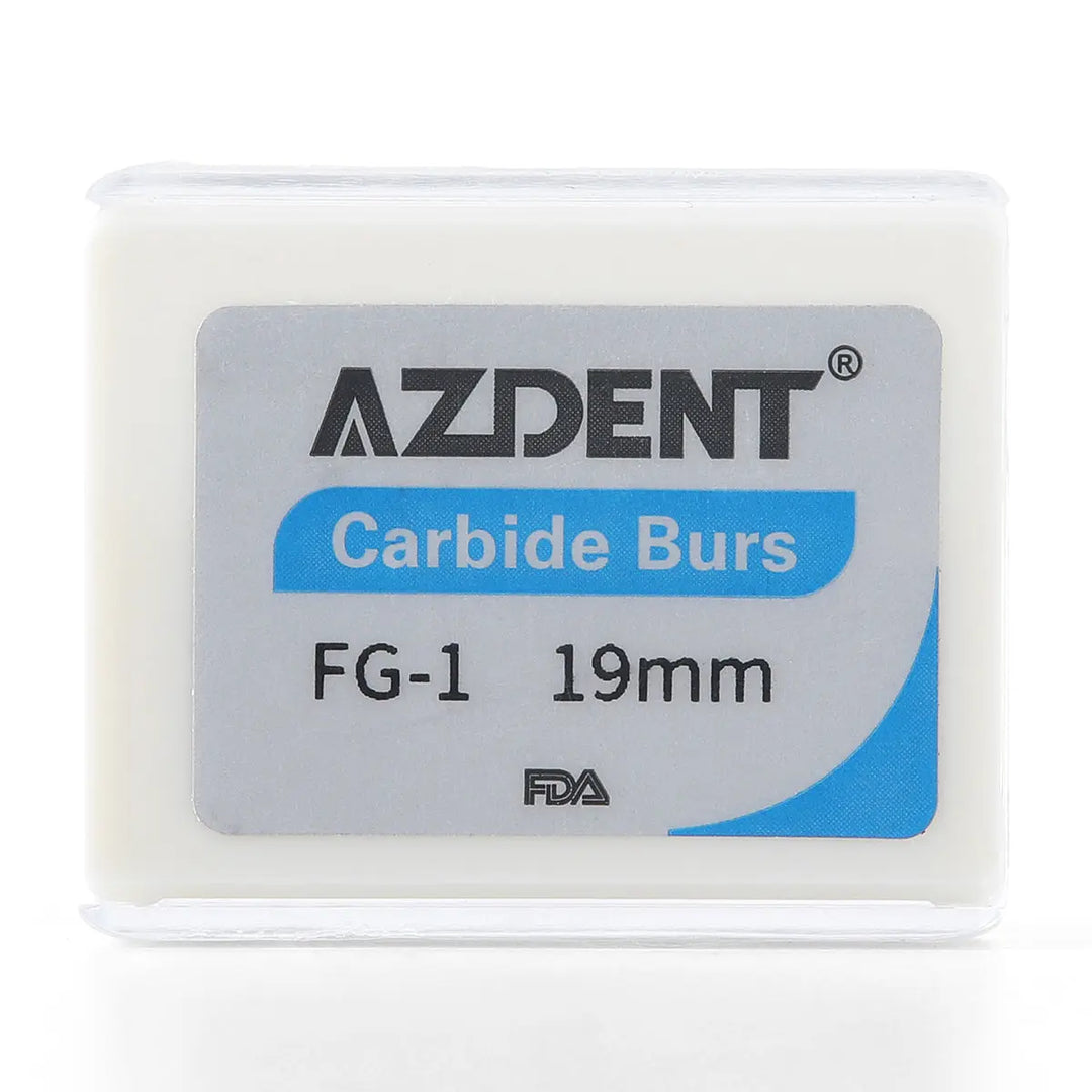 Dental FG #1 Round Carbide Bur 10pcs/Box: Close-up of AZDENT brand carbide burs package, showing product details FG-1 19mm on white box with blue and gray label. High-quality dental tool for precise cutting and shaping.