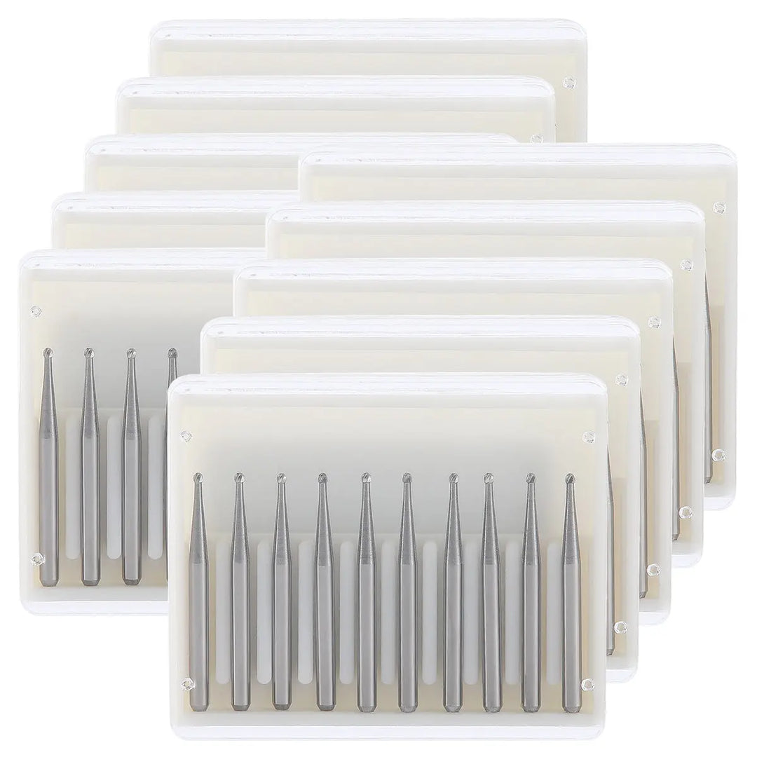 Dental FG #1 Round Carbide Bur 10pcs/Box displayed in multiple clear plastic containers, each holding several silver-colored dental burs with long, thin shafts and round cutting heads, used for high-speed dental handpieces