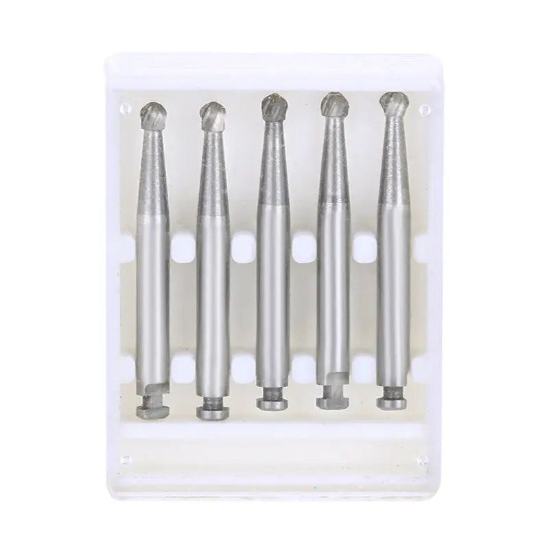 Five Dental RA #7 Round Carbide Burs for Slow Speed Latch 2.1mm arranged vertically in a plastic case. Silver-colored metal burs with round heads and cylindrical shafts, designed for precision dental work.