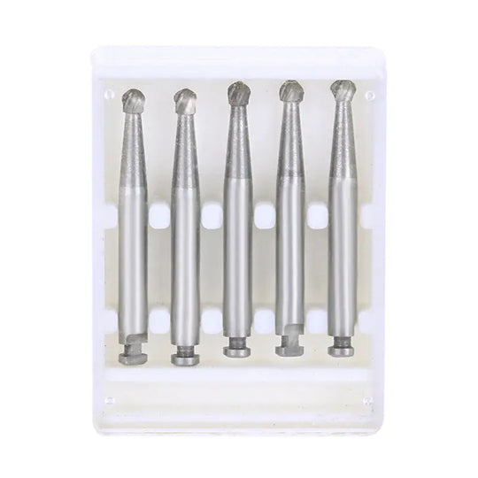 Five Dental RA #7 Round Carbide Burs for Slow Speed Latch 2.1mm arranged vertically in a plastic case. Silver-colored metal burs with round heads and cylindrical shafts, designed for precision dental work.