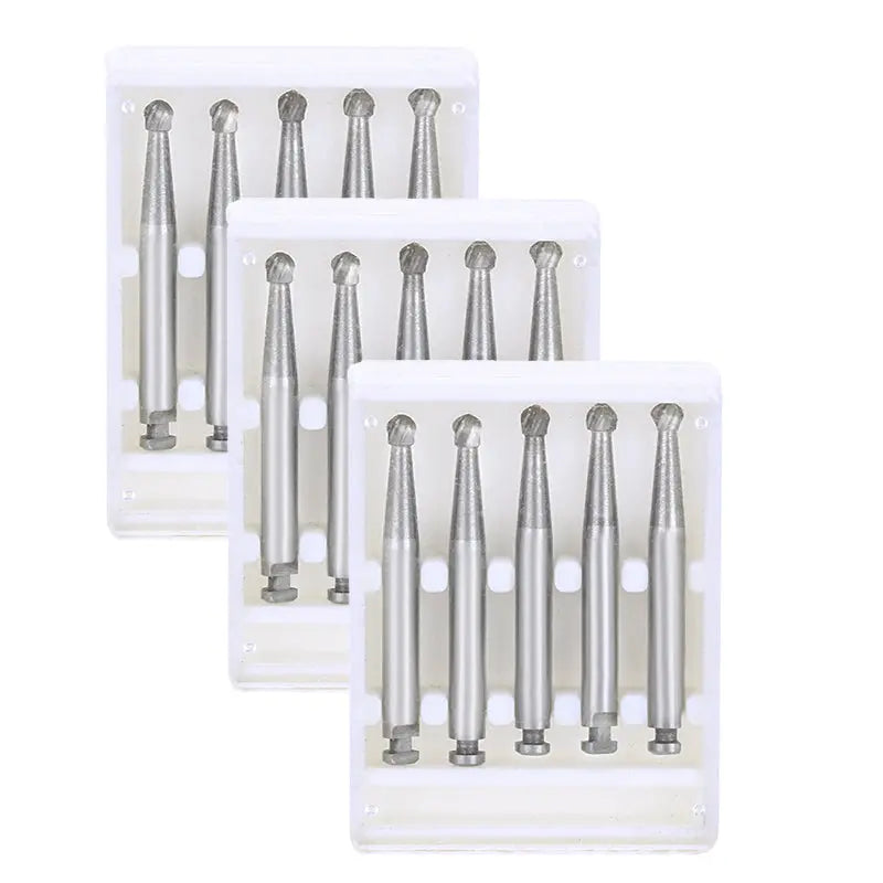 Three boxes of Dental RA #7 Round Carbide Bur for Slow Speed Latch 2.1mm, each containing 5 silver metallic dental burs with round heads and long shanks, displayed in white plastic packaging trays.